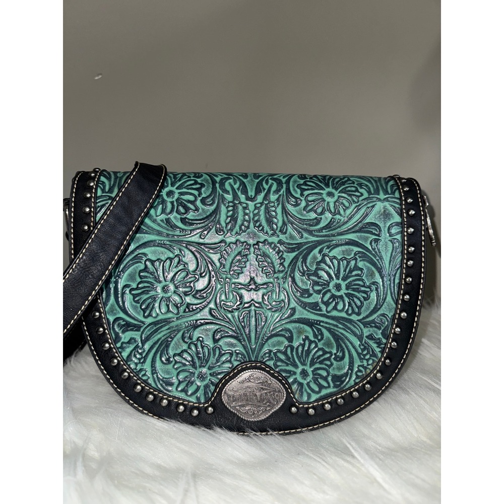 Trinity Ranch Western Tooled Faux‎ Leather Crossbody Bag Turquoise Black Studded
